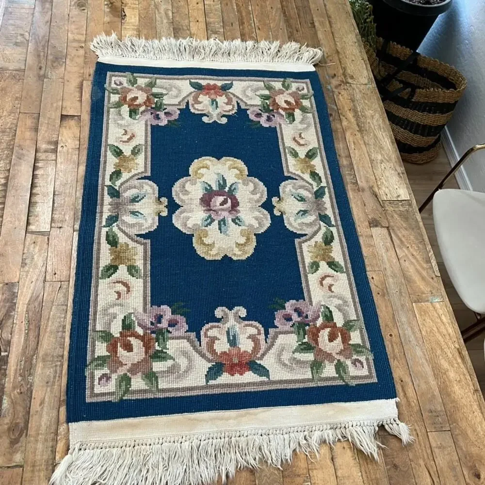 Blue Chinese Hand Knotted Aubusson Wool Rug 39